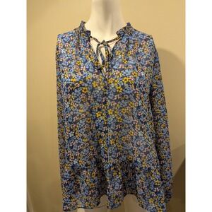 Gap Women's floral Semi Sheer Blouse Top Shirt chiffon blue Size M peplum ruffle